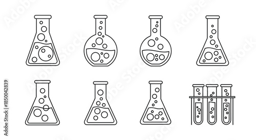Collection of various laboratory flasks and test tubes in black and white line art style for science concepts.