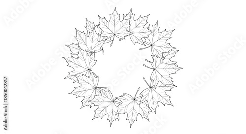 Simple wreath composed of maple leaves drawn in black and white line art style for autumn season decorating projects.