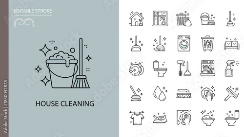 Sleek and Modern Line Art Icons Representing Comprehensive House Cleaning, Home Sanitation, and Household Chores Services