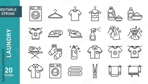 Sleek Laundry Line Icons Set - Modern Outline Vector Symbols for Clothing Care, Washing, Ironing, and Household Chores. Editable Graphic Elements