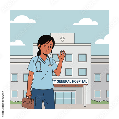 Smiling Female Nurse in Scrubs Waving in Front of City General Hospital – Cartoon Healthcare Worker Illustration