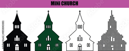 Christian church silhouette in minimalist line art and dotted vector style, black and white sacred architecture isolated on white background for religion, faith, and Christmas design projects