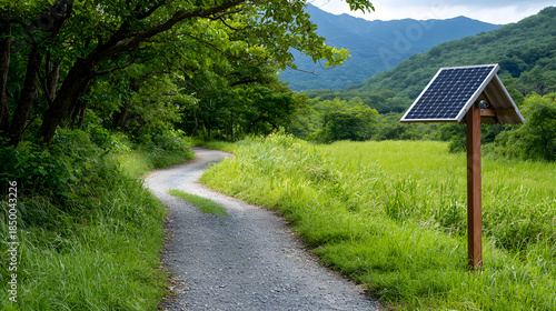 Serene solar panel picturesque trail providing green energy. Peaceful path winding through rural landscape and green mountain