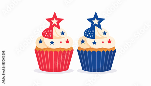 Two patriotic cupcakes, one red and one blue, with star toppers and sprinkles, celebrating national holidays.