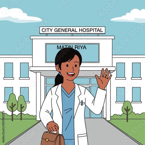 Female Doctor Waving in Front of City General Hospital Building – Cartoon Healthcare Professional Illustration