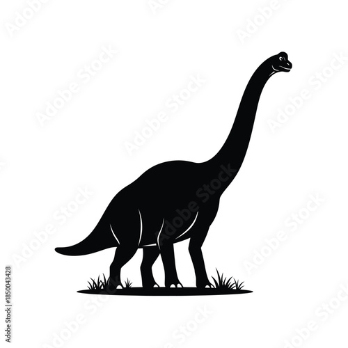 Brachiosaurus dinosaur silhouette on grass, black and white minimalist vector illustration of a prehistoric sauropod.