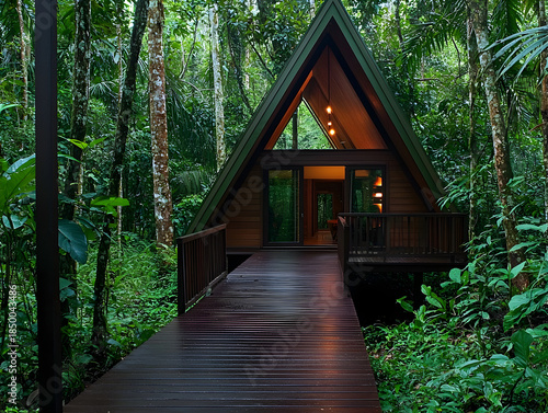 Serene wooden eco lodge and cabin in tranquil forest. nature path leads to vacation retreat for relaxation
