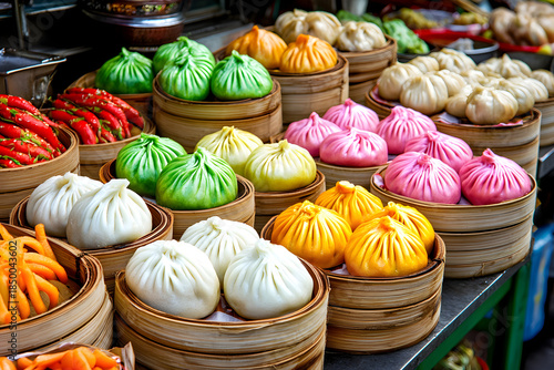 Appetizing colorful steamed bun at street food market in China. Delicious vibrant bamboo steamer with traditional food
