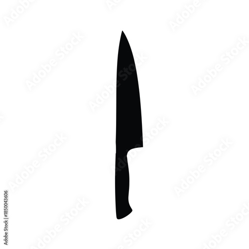 Black silhouette of a professional chef knife, minimalist kitchen utensil icon isolated on white background.
