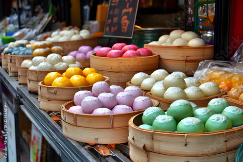 Colorful steamed bun at street food market in China. vibrant and appetizing display of traditional Asian cuisine