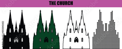 Minimalist church illustration, clean line art and dotted vector style, modern black outline silhouette isolated on white background for Christianity, worship, and Christmas concepts