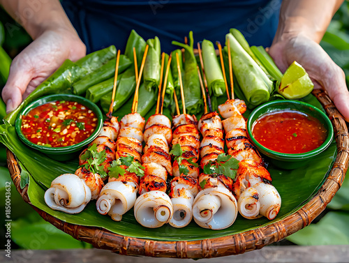 Delicious grilled squid skewer Thai street food with seafood and spicy sauce. fresh and appetizing meal on banana leaf