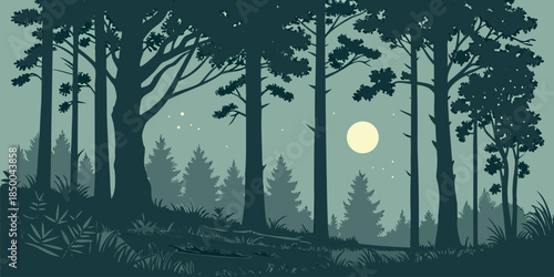 Atmospheric Moonlit Night Landscape with Pine Tree Silhouettes and Starry Sky