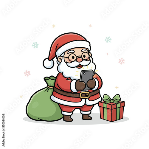 Modern Santa Using Smartphone with Gift Sack – Holiday Concept