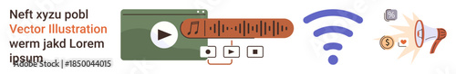 Media streaming, audio technology, wireless connection, communication, financial transactions, digital tools. A video player, sound bar wireless icon and megaphone illustration. Media streaming