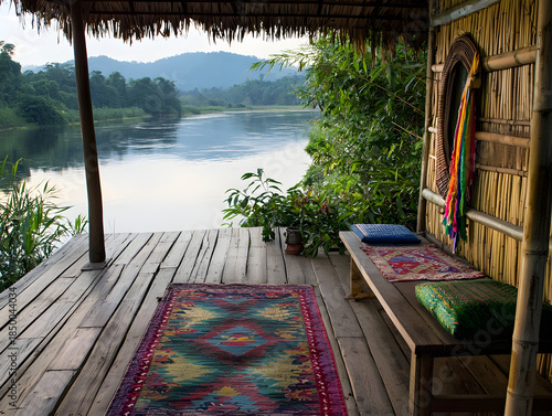 Tranquil riverside bamboo lodge deck with serene view of nature. This peaceful eco lodge offers relaxing retreat