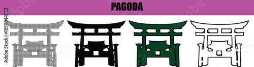 Pagoda silhouette in minimalist line art and dotted vector style, black and white Asian sacred architecture isolated on white background for Buddhism, culture, and spiritual design