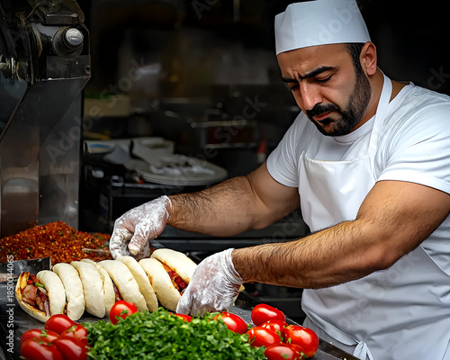 Serious Turkish man, street food vendor and chef, preparing traditional food in commercial kitchen with fresh herb