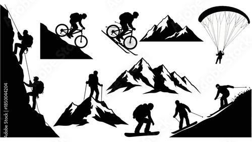 Silhouettes of extreme sports and mountain activities, showcasing adventure and outdoor pursuits in a dynamic visual collection