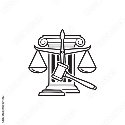 Legal Justice and Law Fairness Symbol in Black Line Art