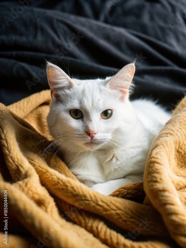 Adorable white cat purring contentedly on a soft orange blanket