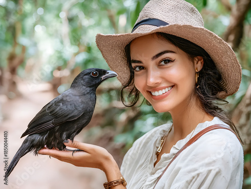 Happy tourist woman holding black bird in wildlife sanctuary. beautiful moment of connection with nature outdoors