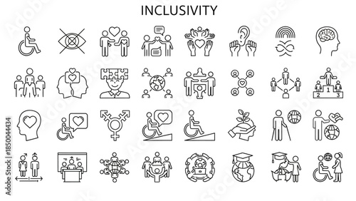 A comprehensive set of sleek line icons representing inclusivity, diversity, and equality, promoting social awareness and accessible community engagement