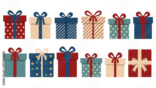 Collection of festive gift boxes with ribbons and patterns, perfect for holiday or celebration designs