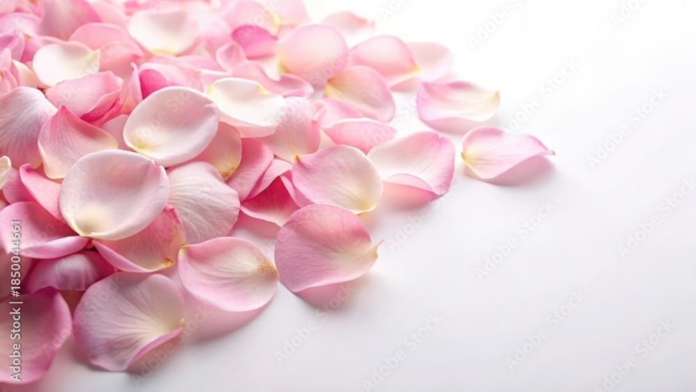 Obraz premium Soft pink rose petals delicately scattered on a white background