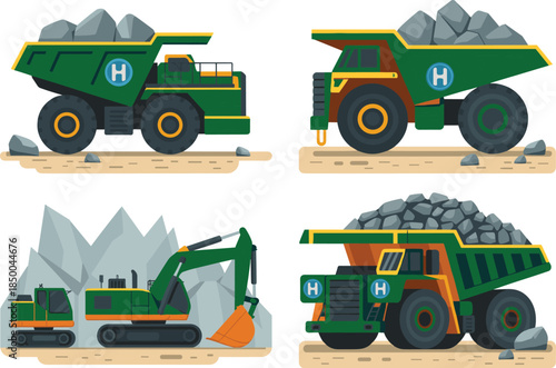 Heavy mining machinery illustration set, dump trucks and excavator, construction vehicles, quarry equipment, industrial transport, flat vector design