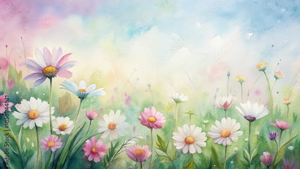 Fototapeta premium A serene spring meadow with white and pink daisies painting in watercolor style