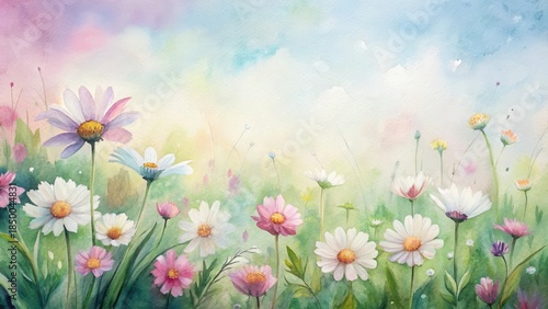 A serene spring meadow with white and pink daisies painting in watercolor style