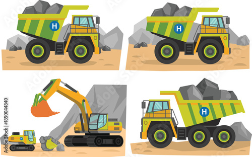 Heavy mining machinery illustration set, dump trucks and excavator, construction vehicles, quarry equipment, industrial transport, flat vector design