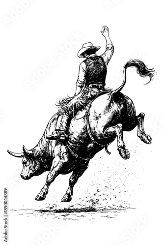 Cowboy riding a bucking bull in a rodeo competition sketch illustration, vector isolated on transparent background