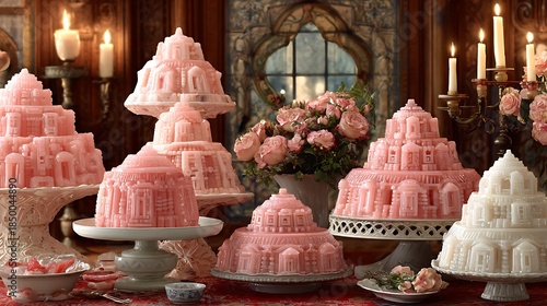 Elaborate dessert presentation featuring intricately sculpted pink and white molded sweets, floral accents, candles