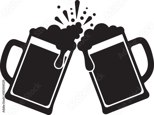 Two frothy beer mugs clinking together with splashing foam