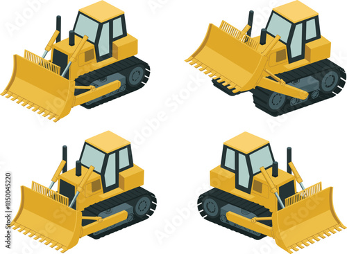 Isometric bulldozer illustration set, construction heavy equipment, crawler tractor with blade, industrial machinery, earthmoving vehicle, flat vector design