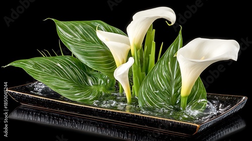 Elegant calla lilies and lush green leaves artfully arranged in a dark rectangular dish