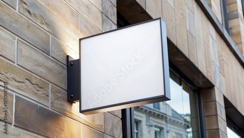 A blank square signboard mockup placed on a stone wall exterior with an empty space for a shop logo