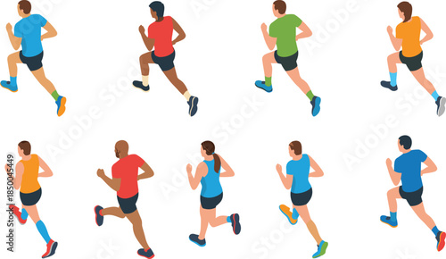 Running people illustration set, male and female joggers, active lifestyle, fitness training concept, isometric flat vector design, isolated on white