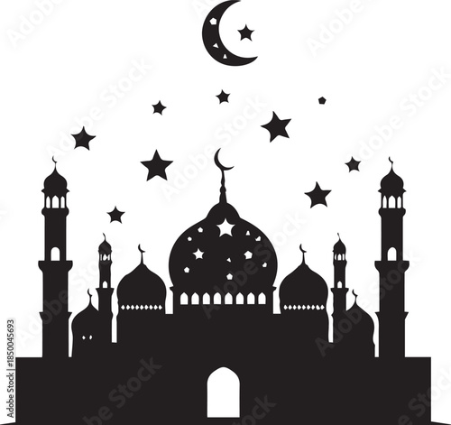 Silhouette of a mosque with crescent moon and stars