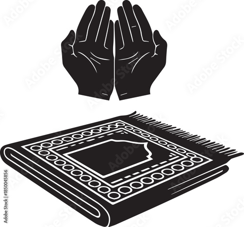 Islamic prayer rug and raised hands in supplication