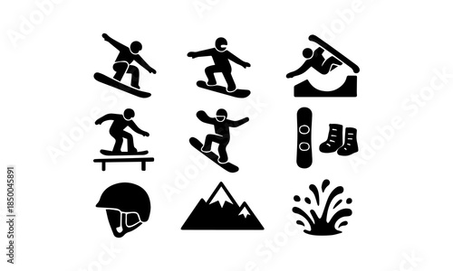 Collection of snowboarding icons featuring winter sports activities, gear, and elements