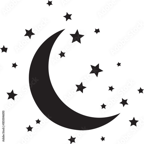 Crescent moon and stars illustration on a white background