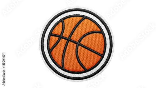 Embroidered basketball patch icon, orange textured sports ball badge, circular athletic fabric sticker, 3D stitched basketball equipment graphic