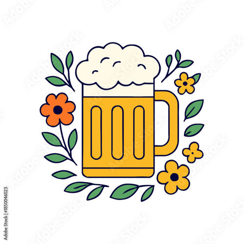 Stylized illustration of a beer mug adorned with flowers and lush greenery