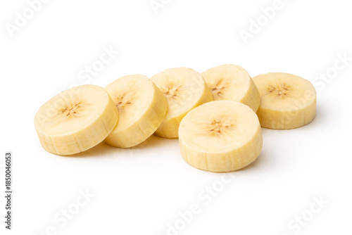 Photorealistic Banana Slices Arranged Neatly on White