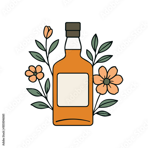 Stylized illustration of a glass bottle framed by delicate floral elements