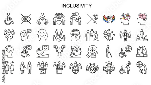 Sleek solid vector outline icons for inclusivity, diversity, and equality. Graphic set for human rights, accessibility, and social justice