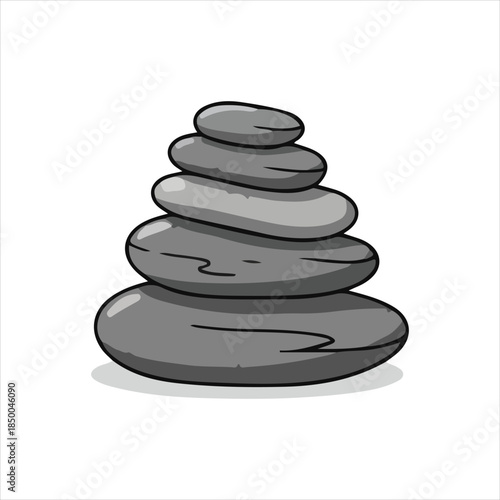 Balanced stack of smooth grey zen stones in a vertical cairn formation.